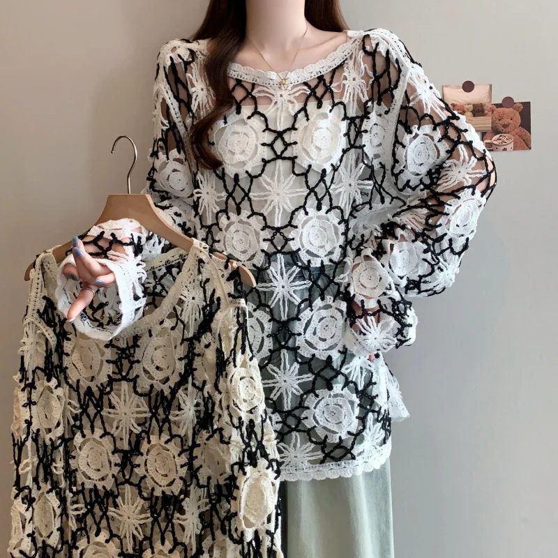 Casual Long Sleeve Pullover Elegant cardigan O-neck Chic Hook Flower Hollow Out bohemian Top Plus Size Clothing