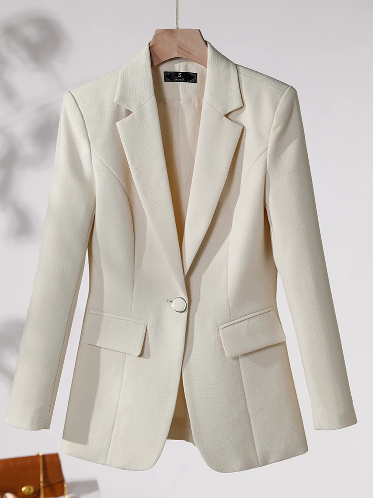 Cinza damasco marrom sólido feminino blazer formal para o outono inverno senhoras feminino manga longa único botão casaco fino