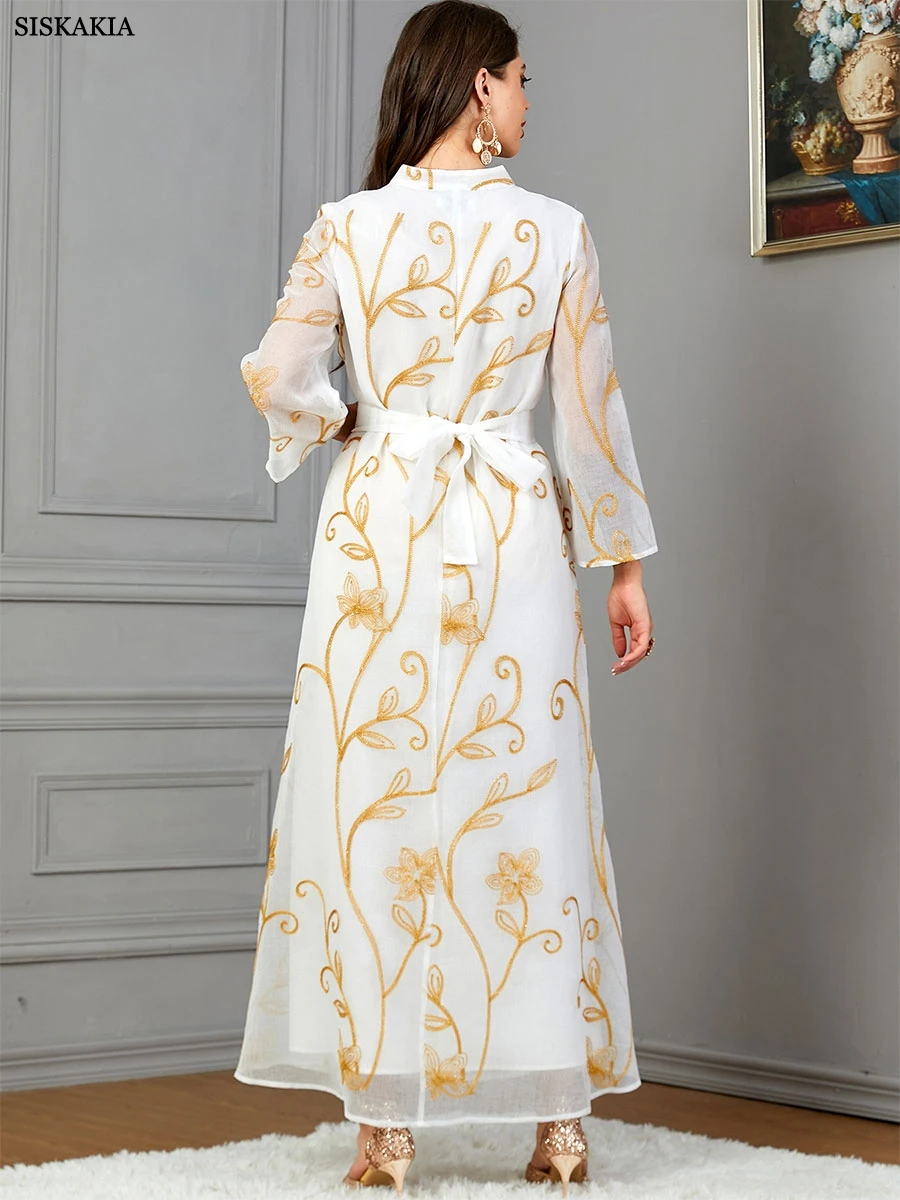 Siskakia Fashion Mulsim Gold Stamping Floral Embroidery Guipure V-Neck Long Sleeves Floral Dress With Belt Long Arab