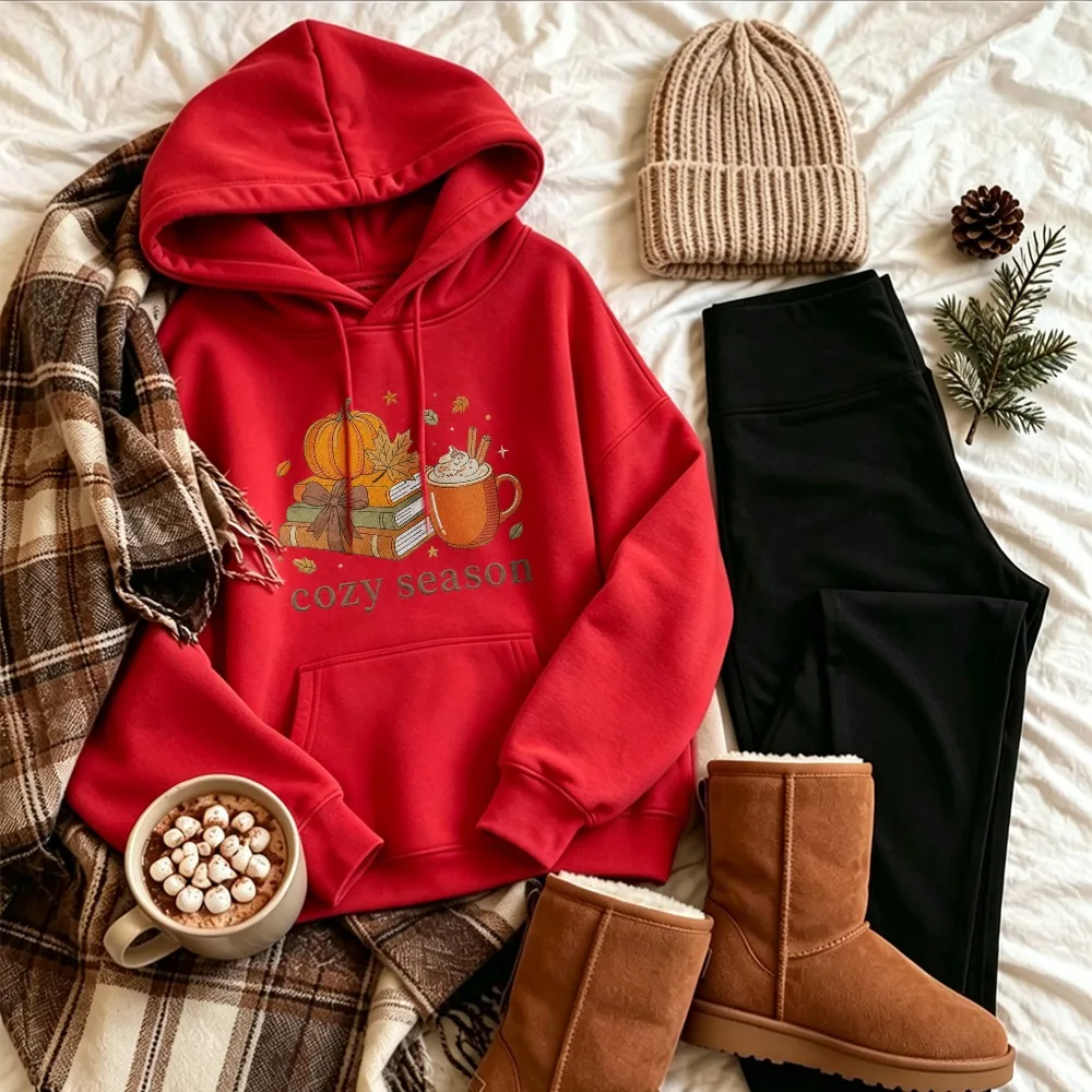Cozy Season Fall Autumn Pullover Stacked Books Pumpkin Maple Leaf Spiced Coffee Mug Art Print Casual Warm Seasonal Daily Tops
