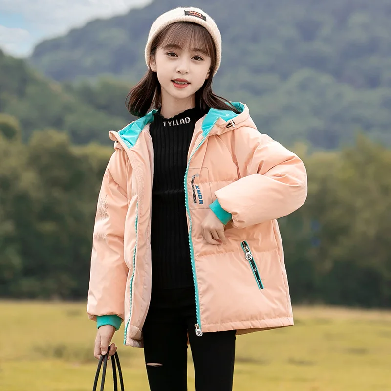 2024 Winter School Girl Duck Down Jacket Children Girl Contrast Hooded Thicken Warm Cotton Jacket Junior Girl Casual Parkas