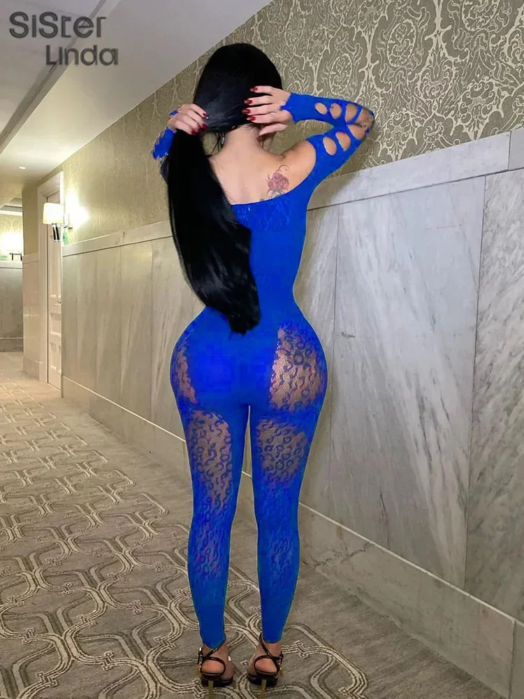 Sexy Hollow Jumpsuits Women Long Sleeve See Through Off Shoulder Body-Shaping One Piece Playsuits Workouts Overalls