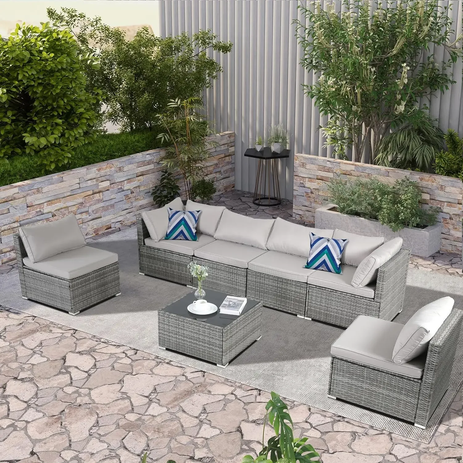 

Outdoor Furniture Set 7 Pieces Rattan Wicker Sectional Sofa Couch Conversation Set with Table for Deck Lawn, Gray Wicker