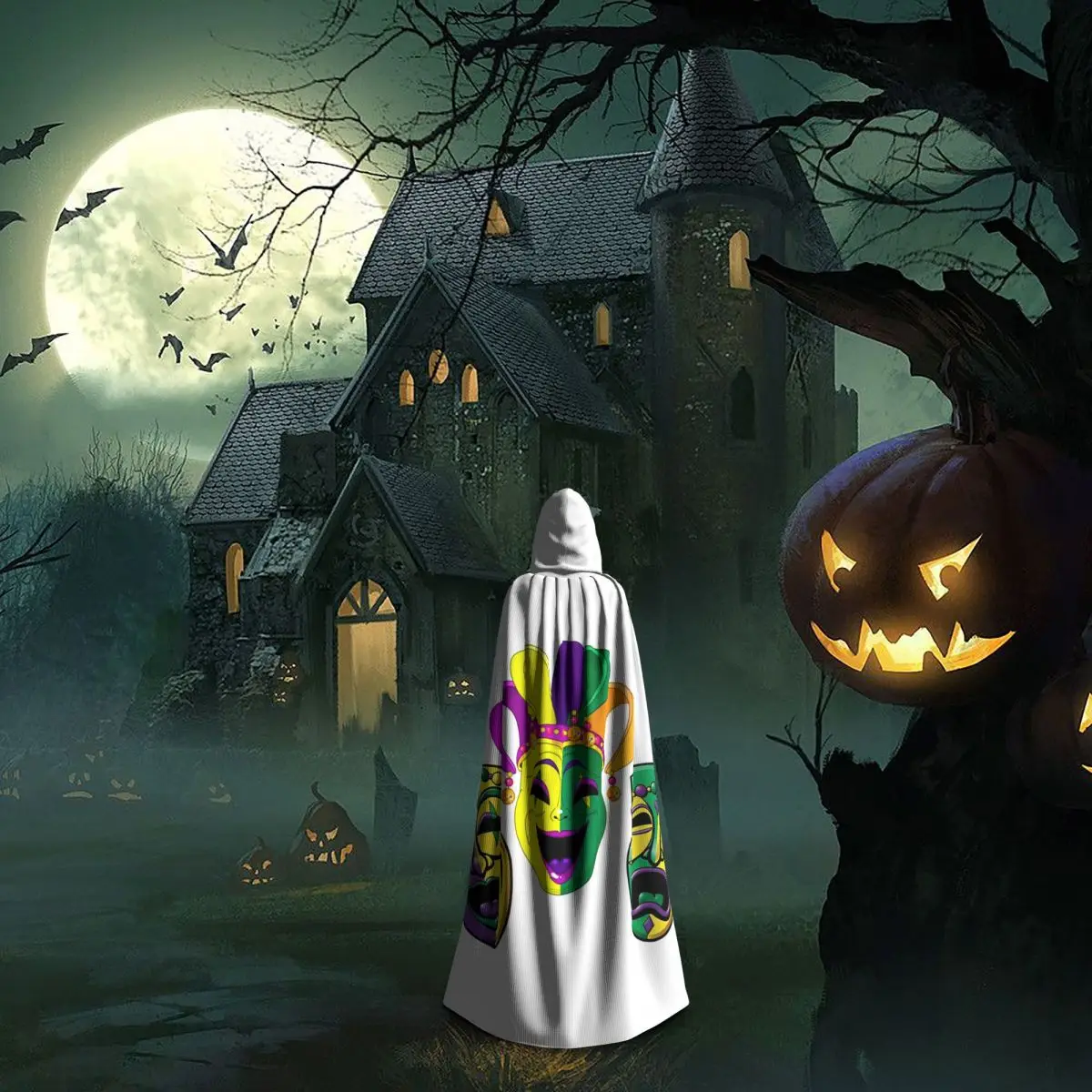Mardi Gras Comedy And Tragedy Masks Long Hooded Cloak Witch Medieval Costume Cosplay Cape HalloweenParty Adult Unisex view 6