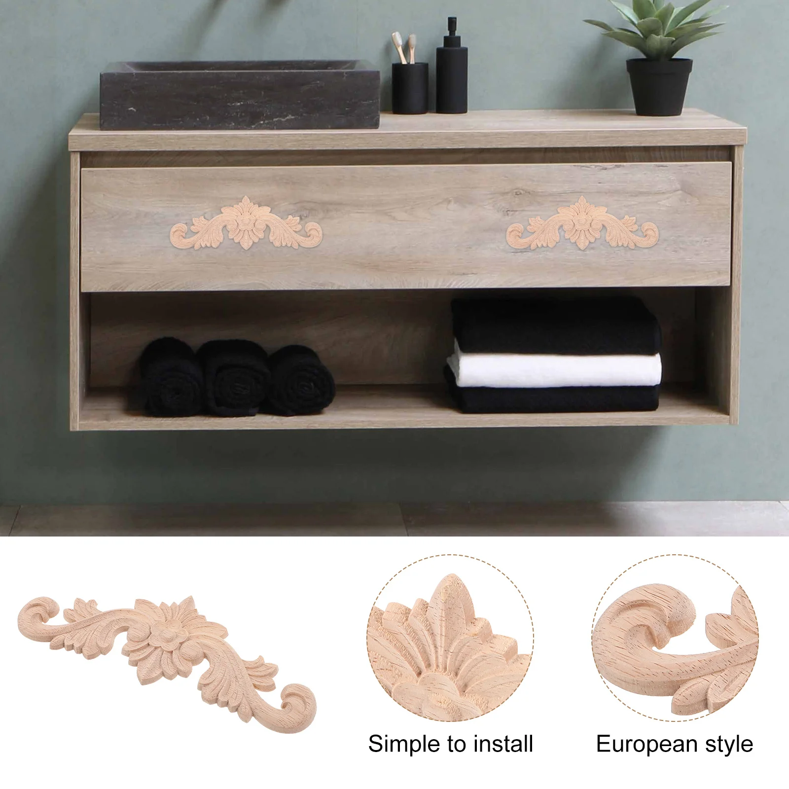 

2Pcs Solid Wood Flower Inlay Decorative Wooden Appliques for Furniture Cabinet Wardrobe DIY Home Decor Elegance European Style