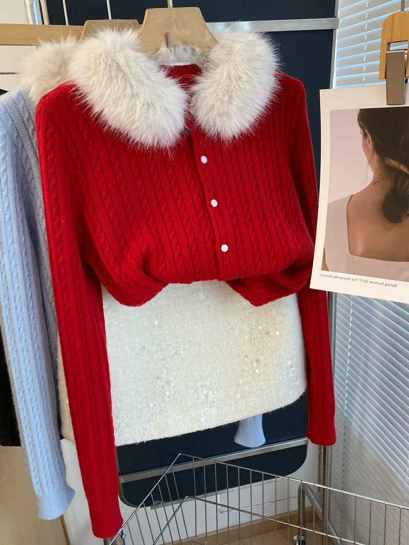 

Korean Sle Long Sve Knitted Sweater Women's Slim Fit Faionable Red Fur Collar Cardigan Casual Wear Spring Autumn