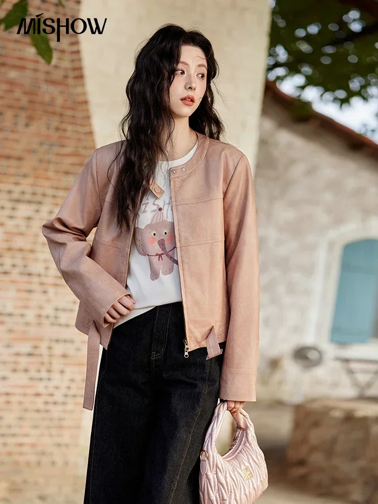 MISHOW Fashion Pink Leather Jacket Women's Spring 2025 New Shoulder Long Sleeved Slim Fit Leisure Tops Coat Female MXE11W0714