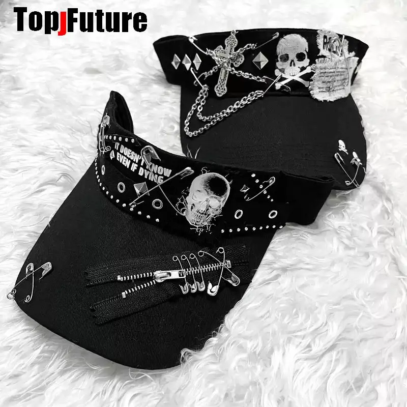 DIY Handmade Skull Cross Chain Decor Subculture Dark Gothic Punk Sun Visor Empty Top Cap Y2K Grunge Harajuku Emo Alt Street