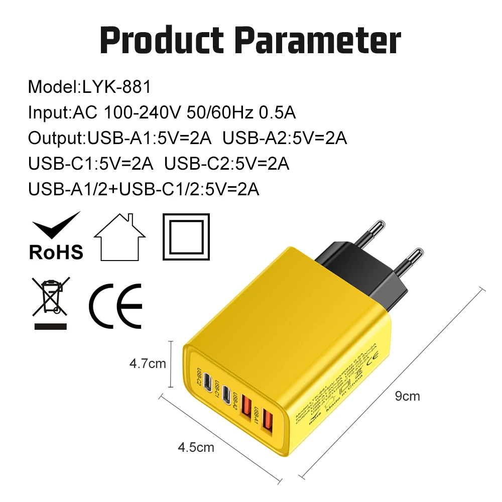 멀티 포트 벽 충전기 USB PD 어댑터, 샤오미 아이폰 13, 12, 삼성 휴대폰 플러그 충전, 총 40W, 2 USB 2 타입