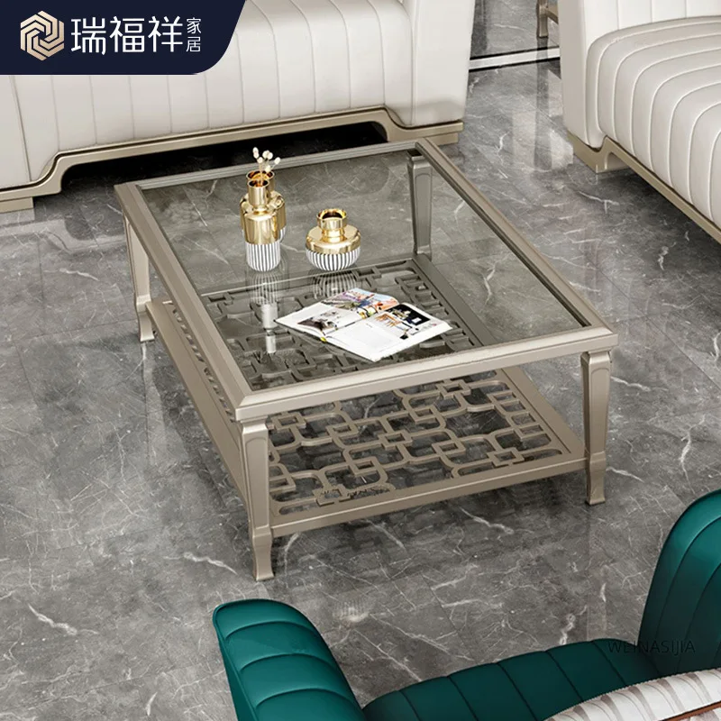 Ruifu Xiang American Style Light Luxury Solid Wood Coffee Table Simple Villa Living Room Tempered Glass Hollow