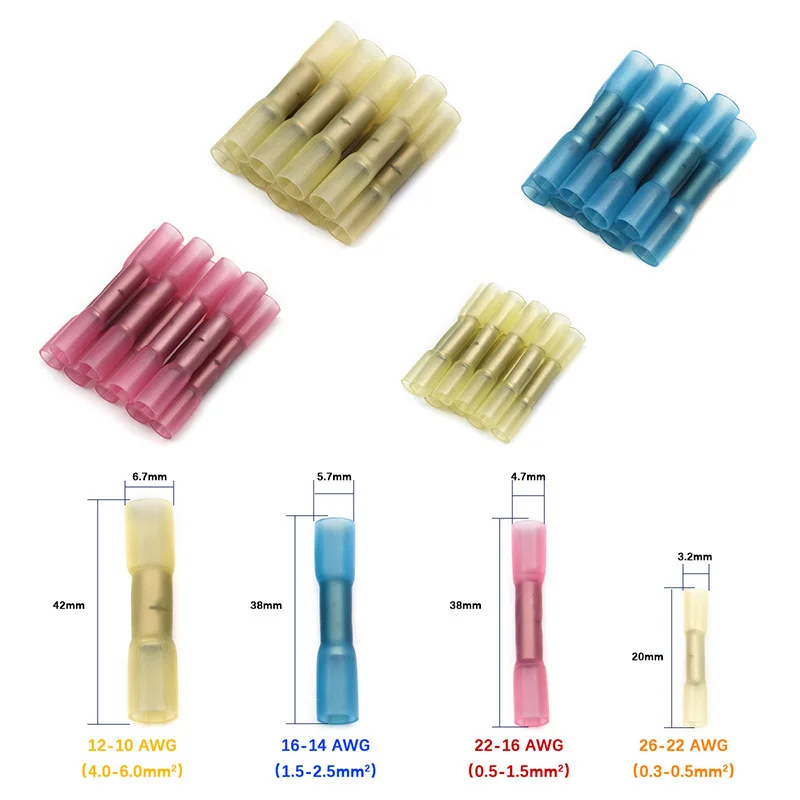 Dropshipping 10/20/25/50/100pcs Heat Shrink Connectors Insulated Waterproof Crimp Terminals Seal Butt Electrical Wire 22-18 AWG
