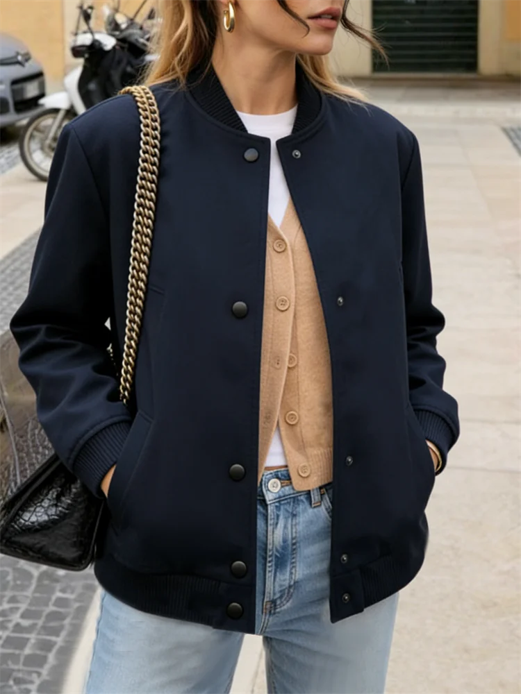 Tinaa Navu Blue Jackets for Women 2026 Straight Baseball Collar Long Sleeve Single Breasted Pockets Casual Overcoat 190987