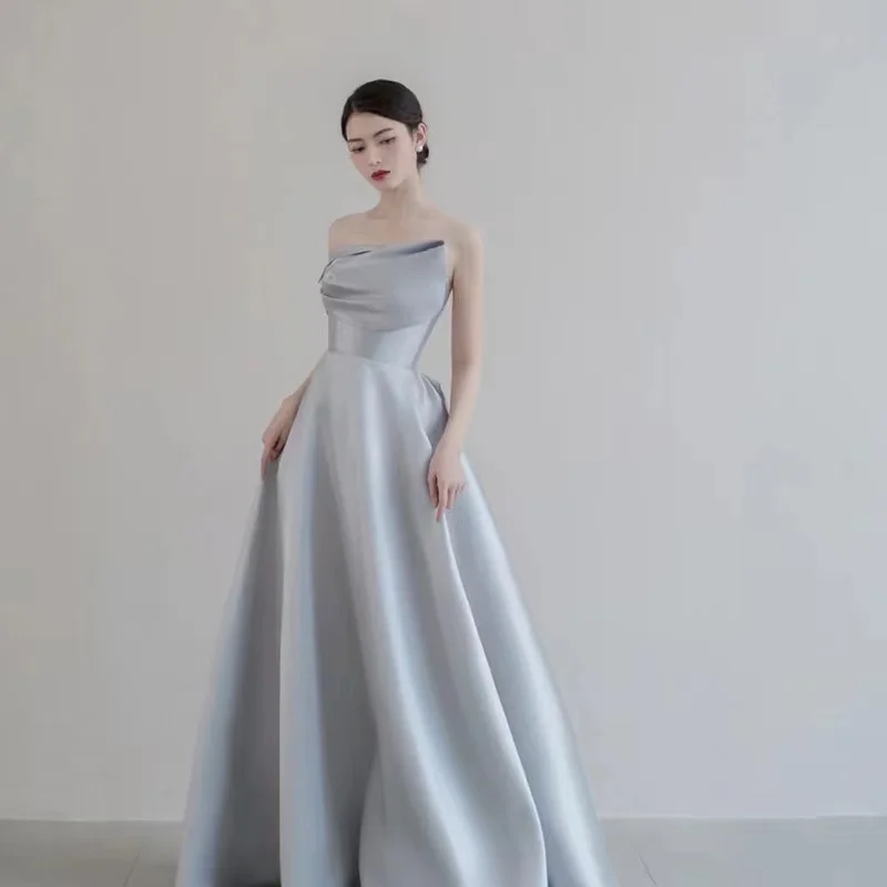 Silver Grey Strapless Bridesmaid Dress Sexy Off The Shoulder Lace Up Floor-length Princess Party Gown Custom Made Robe De Soiree