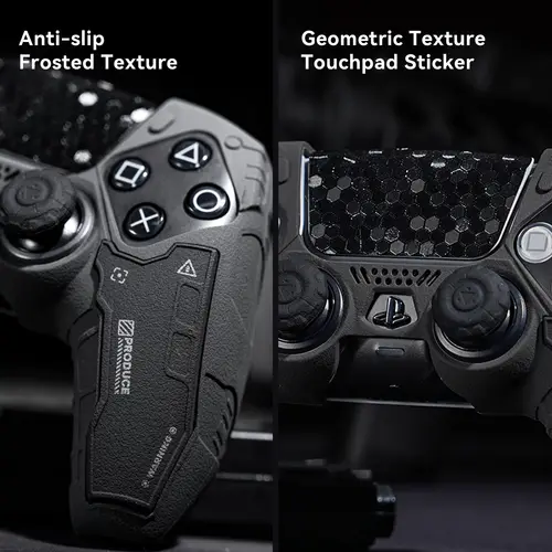 Imagen 2 del producto GeekShare Juego de piel de controlador negra para controlador inalámbrico PS5, funda protectora con 2 tapas de agarre para pulgar y 2 pegatinas