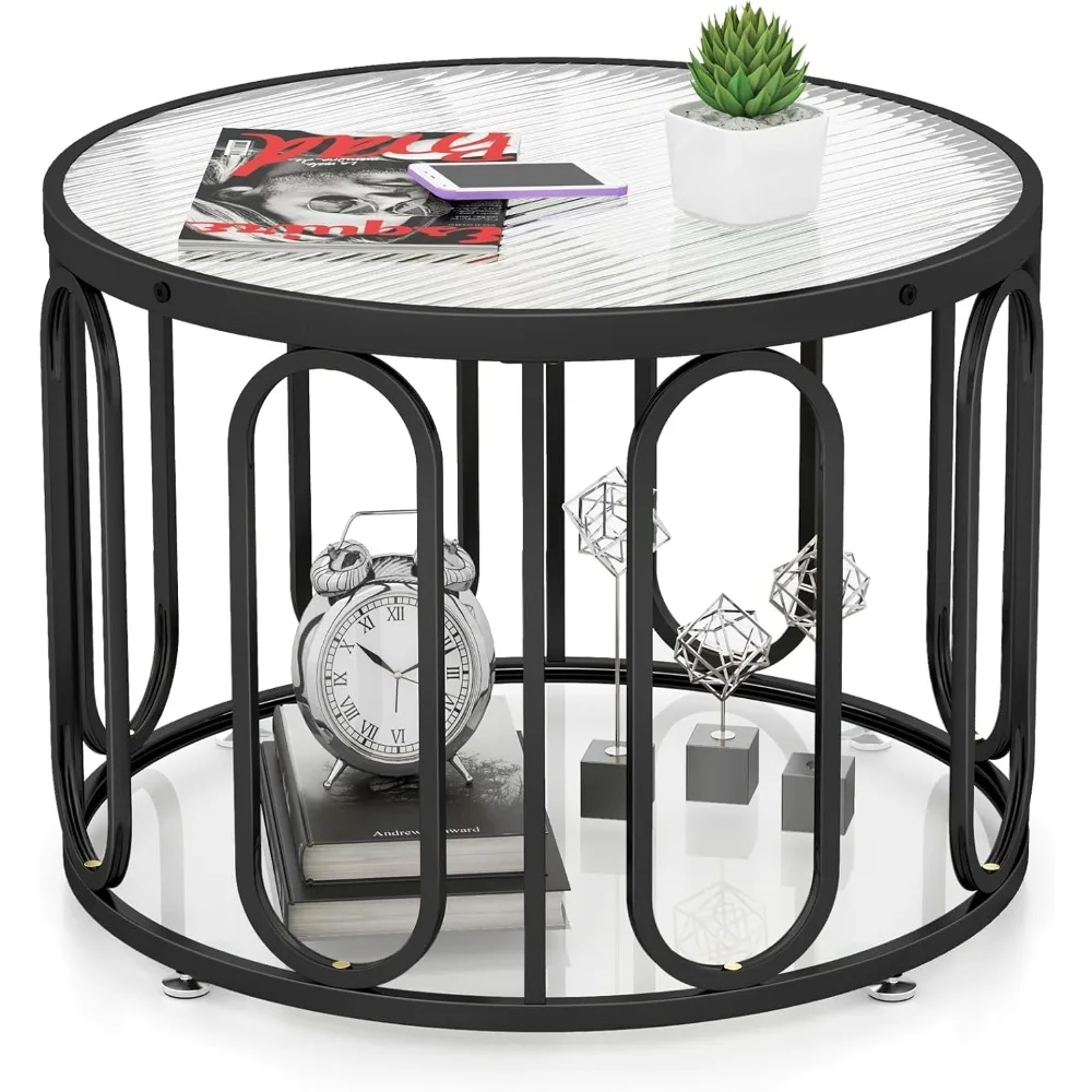 

Round Glass Coffee Table, 2-Tier Modern Side Sofa Tea Table with Tempered Glass Top & Oval Swivel Brackets, 24" Circle Cocktail