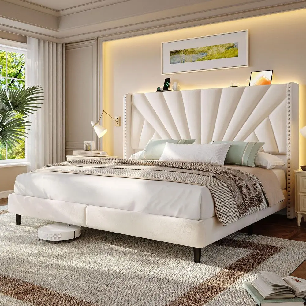 King Size Bed Frame with 51 Tall Velvet Wingback Headboard, LED Lights, and Charging Station, NoiseFree Platform Bed with Spaci
