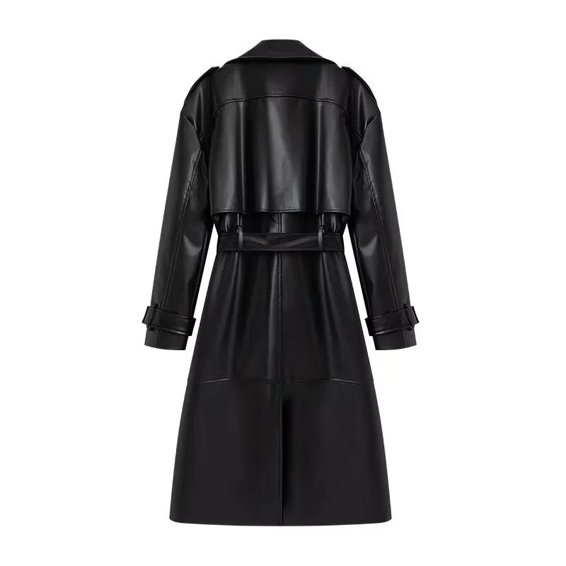 2025 X-long Faux Leather Trench Coat Women's Double-breasted Overcoat Autumn Winter Sashes Windbreaker Streetwear PU Outerwear