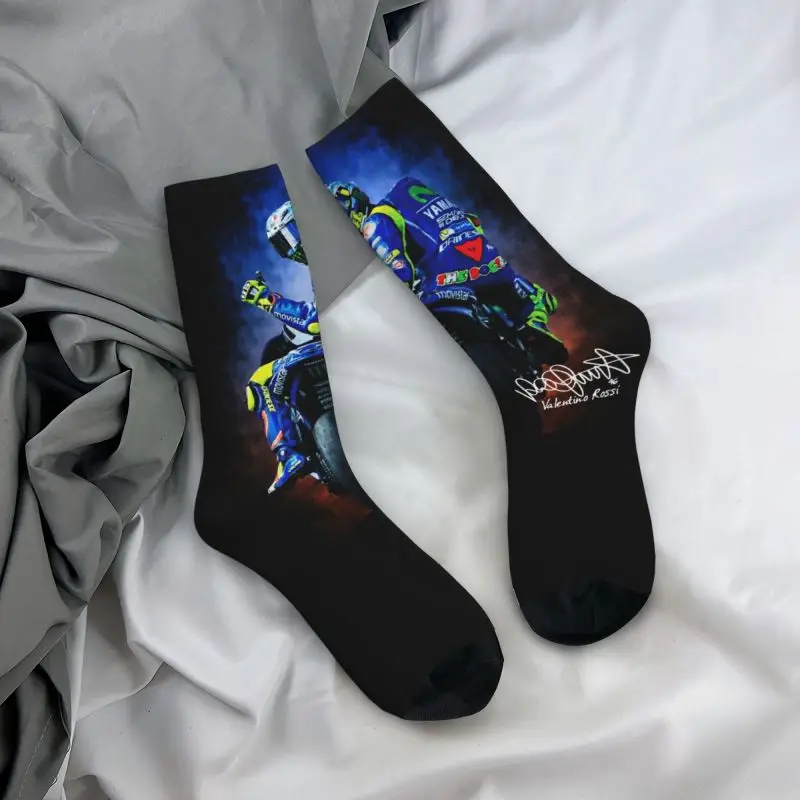 Fashion Print Motorcycle Racing Rossi Socks for Men Women Stretchy Summer Autumn Winter Crew Socks