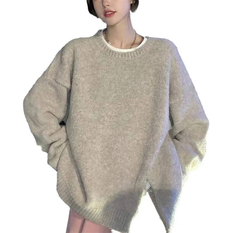 

2024 Autumn and Winter New Knitted Sweater Top Sweater Loose Split Neck Simple Temperament Lazy Wind Soft Waxy