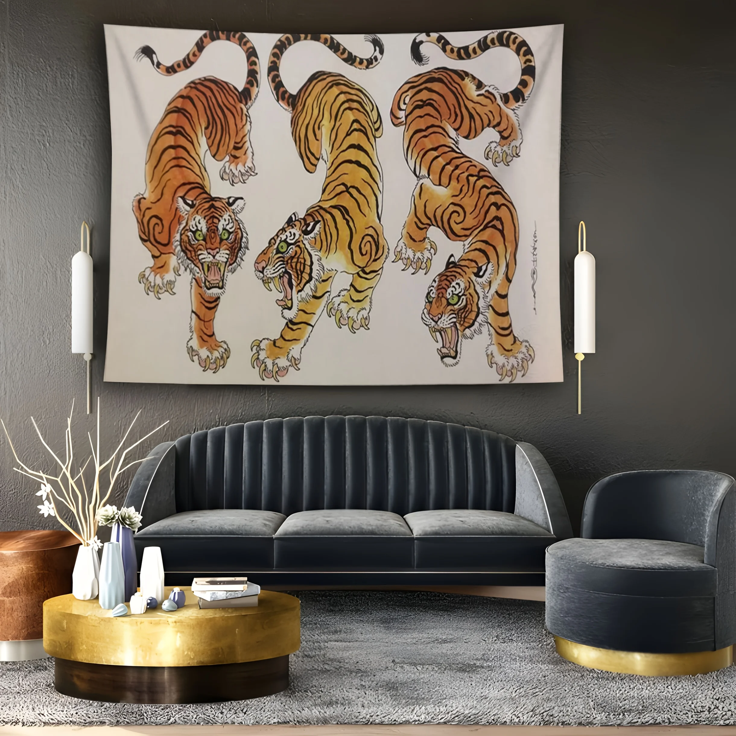 1pc Japanese Ukiyo-e Three Tigers Tapestry, Traditional Ink Painting Style Wall Hanging,  for Living Room Study Decor