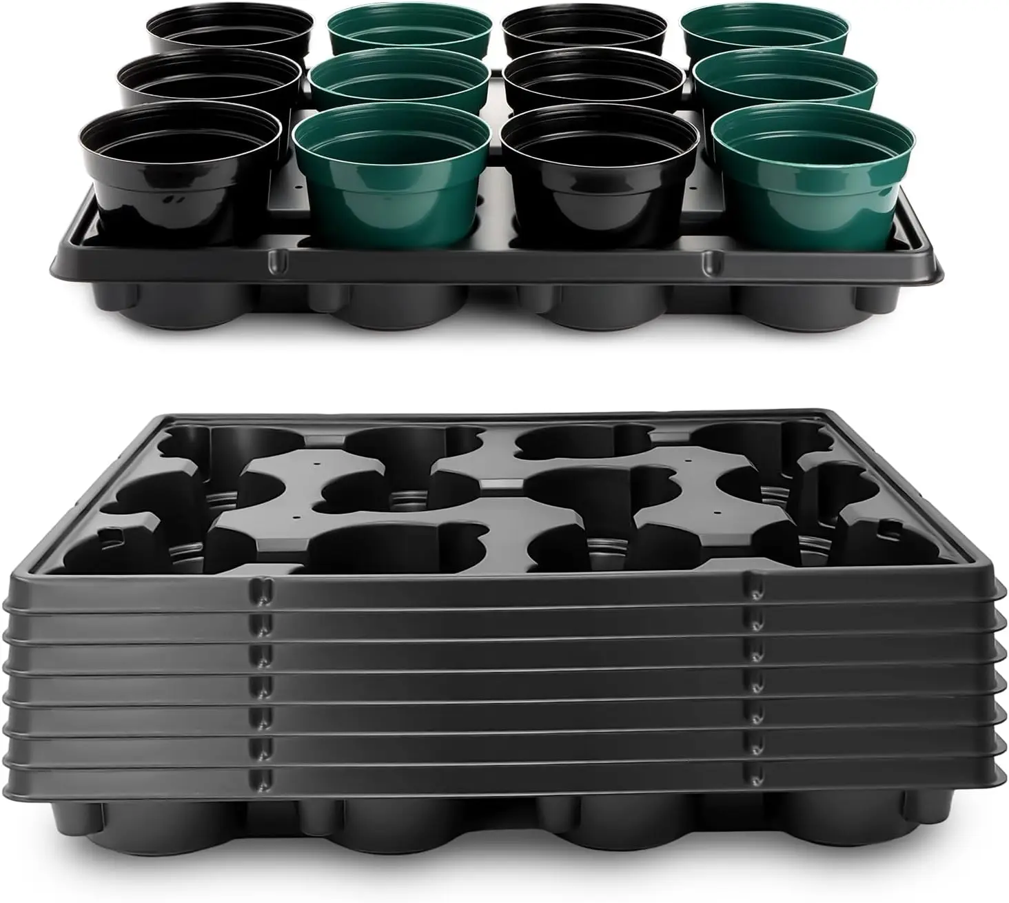 

12 Cell Round Nursery Pots Trays 8 Pack, Sturdy Carrying Trays for Holding 4 Inch Plant Pots, Thickened Plastic Seedin