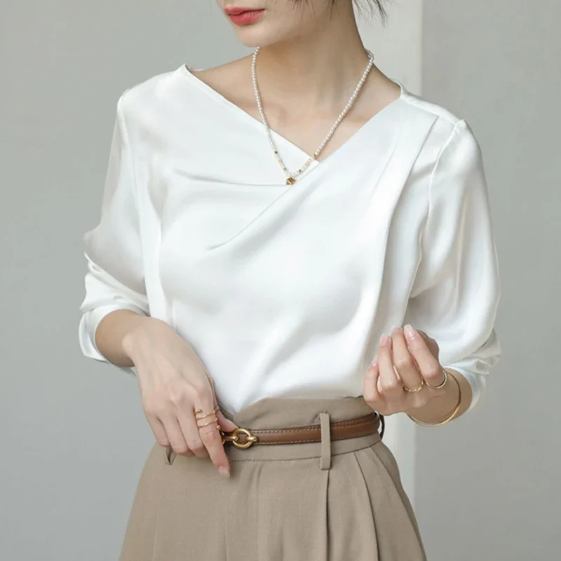 

Satin Women's Shirts New Silk Solid Casual Blouses Loose Spring/Summer Ladies Clothing FASHION Long Sleeves White Tops