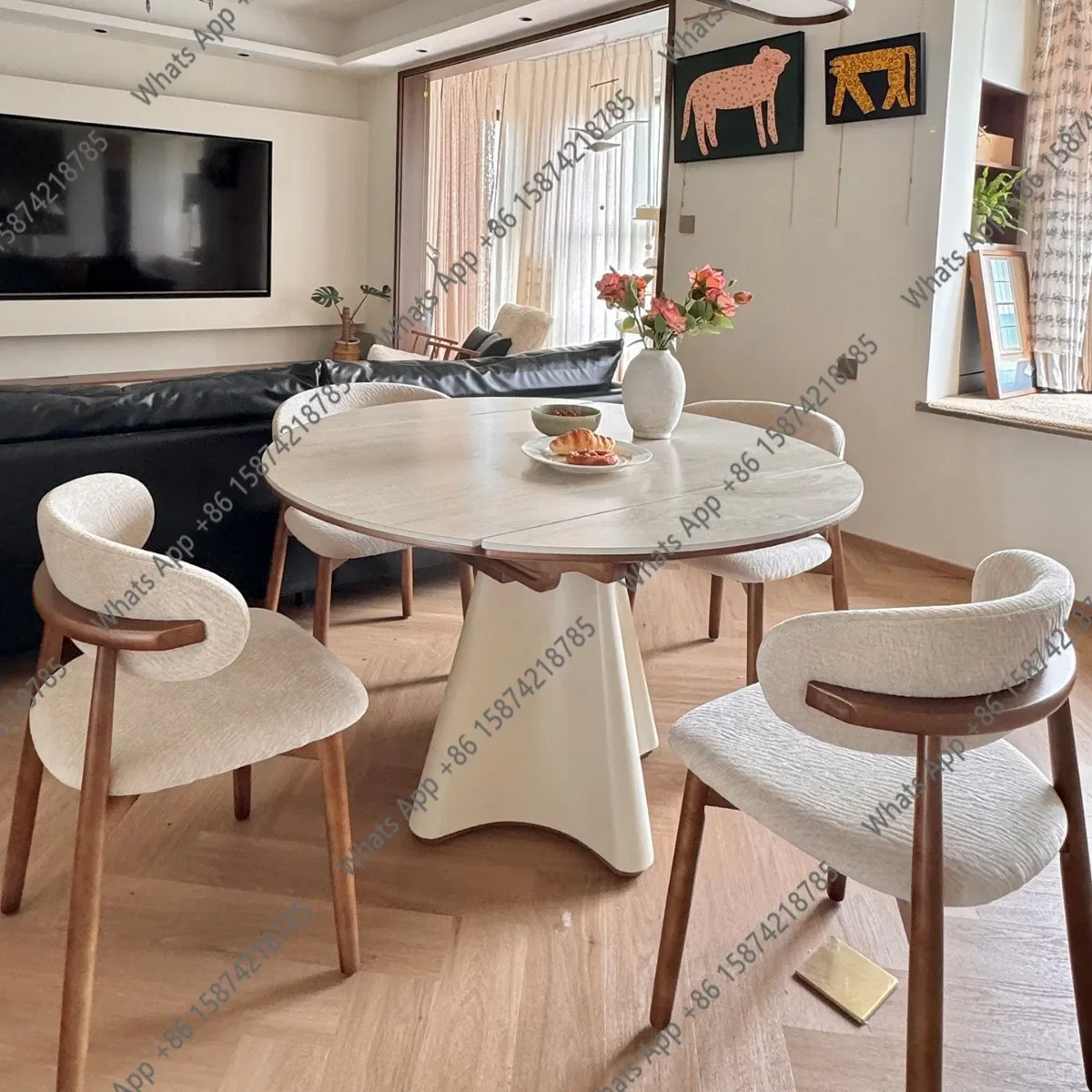 

Обеденный стол N67 в средневековом стиле, кремовый, из каменной плиты, круглый, регулируемый по размеру, для дома, из массива дерева, для небольшой квартиры, во французском стиле.