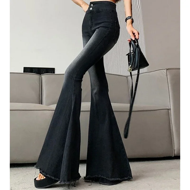 Vrouw Hoge Taille Gothic Streetwear Flare Jeans Dames Vintage Stretch Fleece Broek Meisjes Mode Zwart Grijs Spijkerbroek