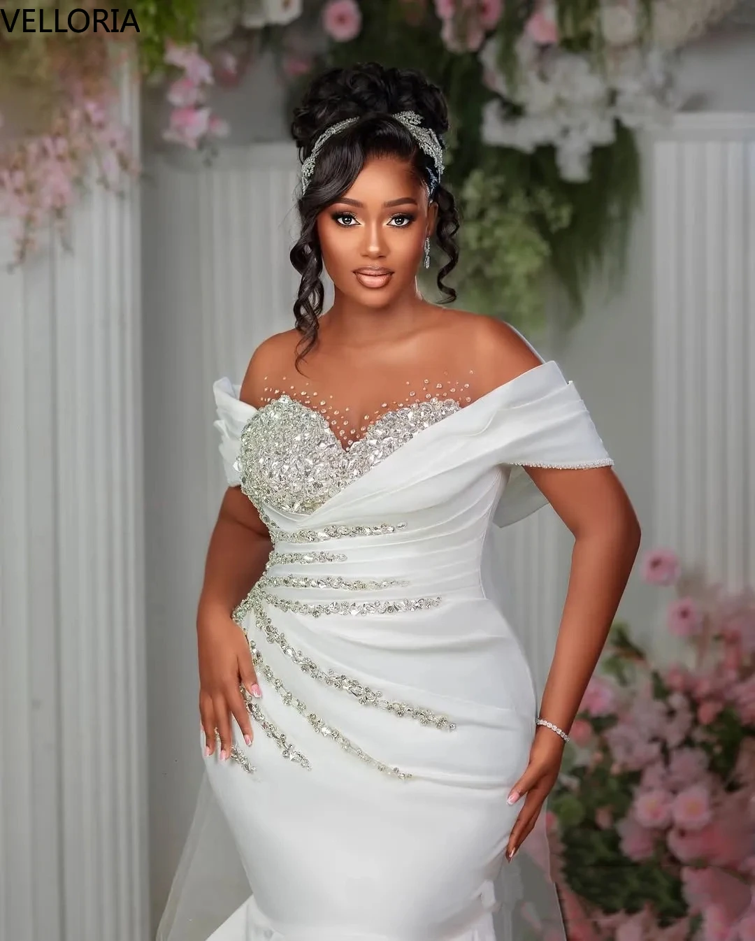 تخصيص الأبيض حورية البحر مساء اللباس 3D الماس ثوب الزفاف مثير قبالة الكتف حزب اللباس Vestdos دي فييستا مخصص