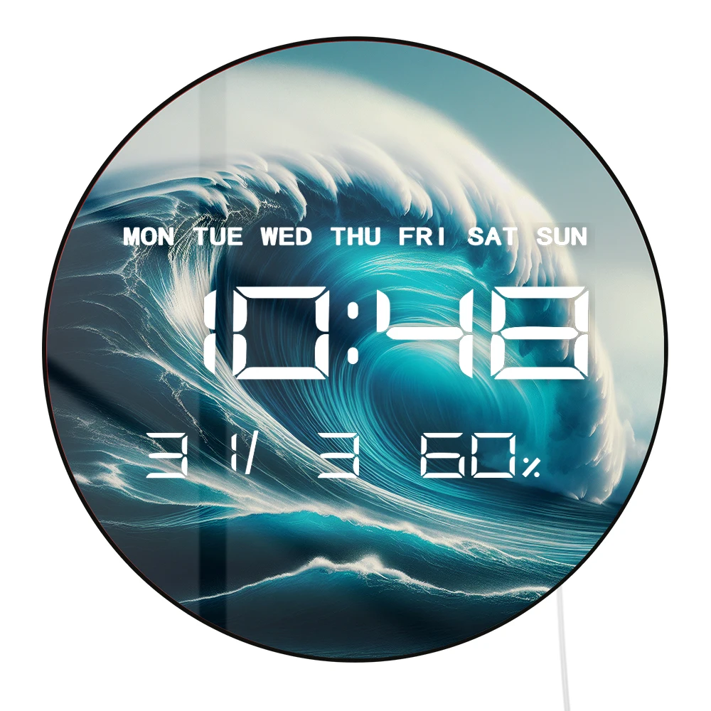 Hokkaido Surf Wave Large Digital Wall Clock with LED Display Calendar Temperature Auto Dimming 12/24 Hour Electronic Wall Clock