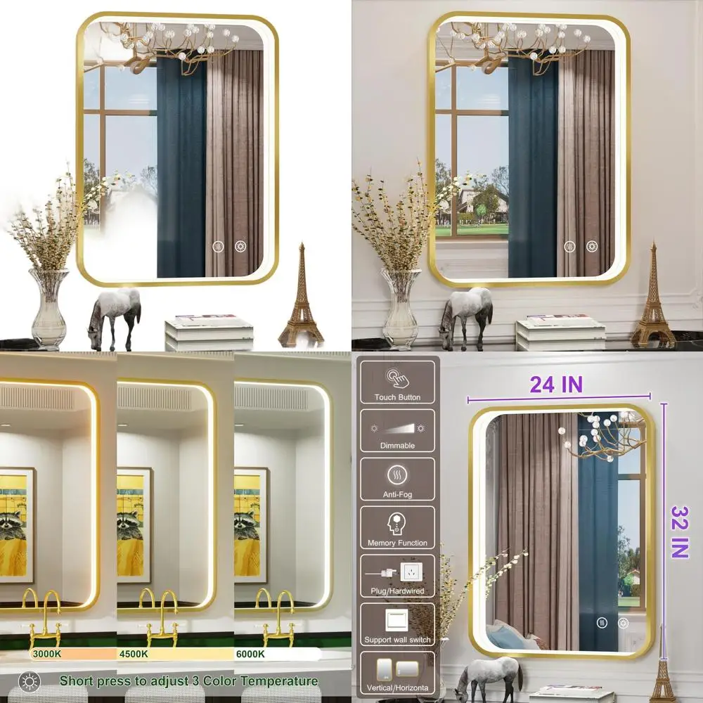 

Зеркало для ванной с LED-подсветкой 24x32 дюйма, регулируемая цветовая температура 3000K-6000K, настенное косметическое зеркало с плавной регулировкой яркости и функцией антизапотевания