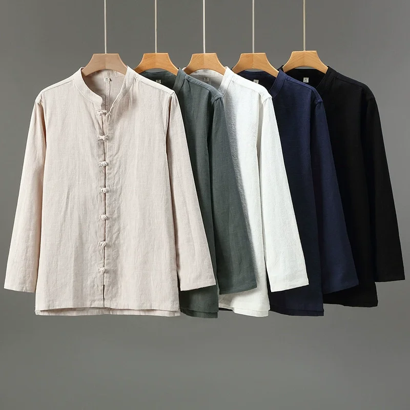 Ramie&Cotton Blend Premium Shirts For Men Long Sleeve Frog Button Summer Quality Cool Feeling Breathable Solid Camisas De Hombre