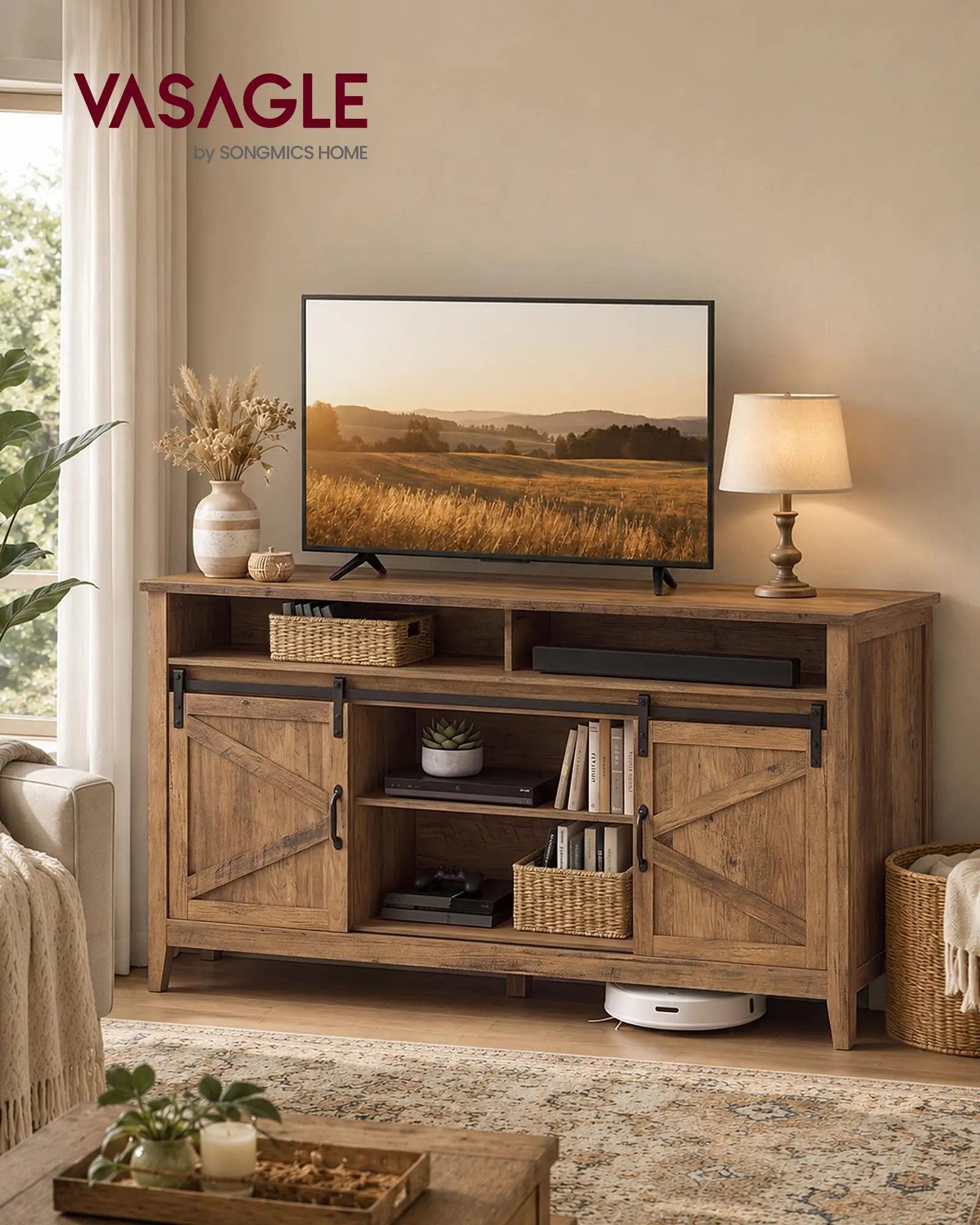 Tall Farmhouse TV Stand, Entertainment Center with Door for 65'' TV