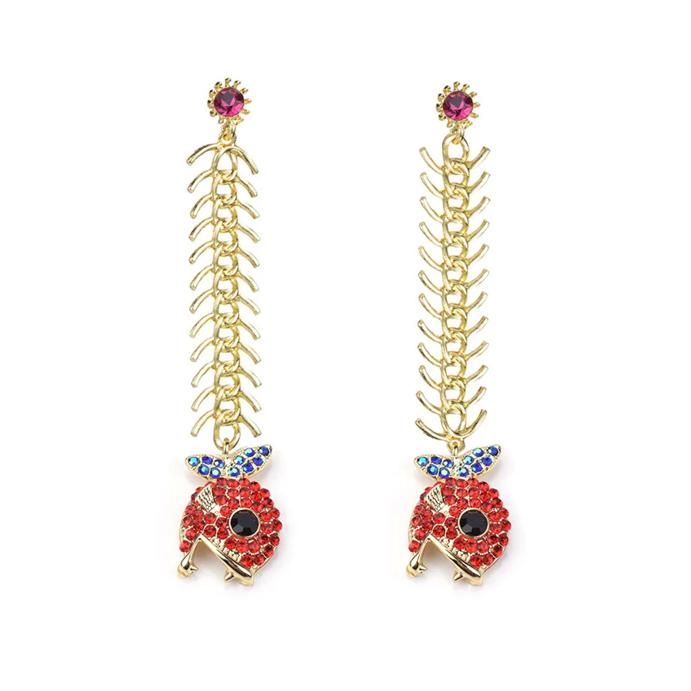 Creative Personality Alloy Fish Bones with Diamonds Rhinestones Colored Diamonds Piranha Women's Retro Earrings