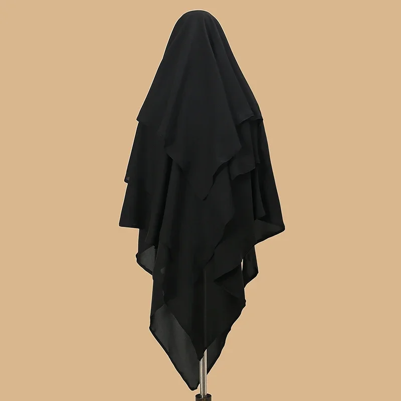 Black Three-Layer Chiffon Hijab Prayer Khimar Solid Color Arabian TüRkiye Shawl Headscarf 136*120cm