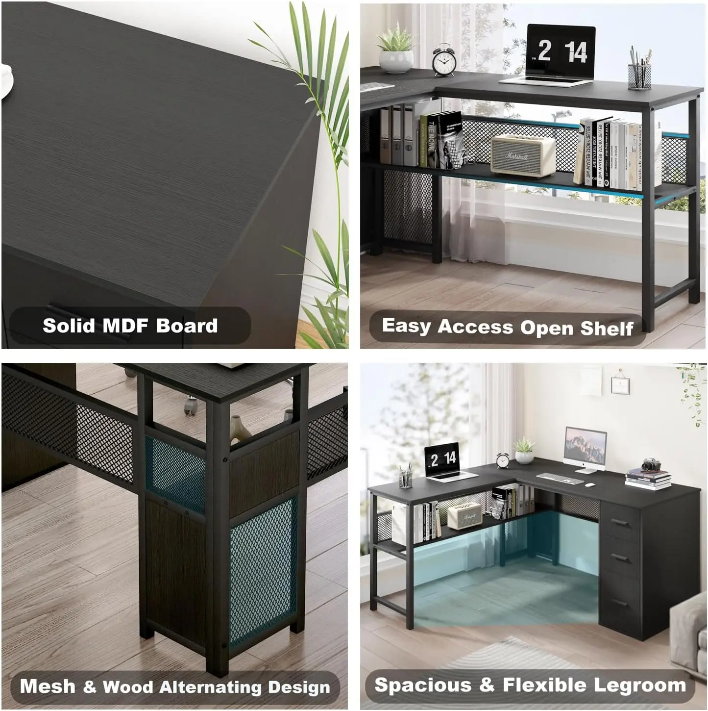 Black L Shaped Desk, Reversible Computer Office Desk with Drawers, Modern Large L Shape Gaming Desk Table with File Cabinets