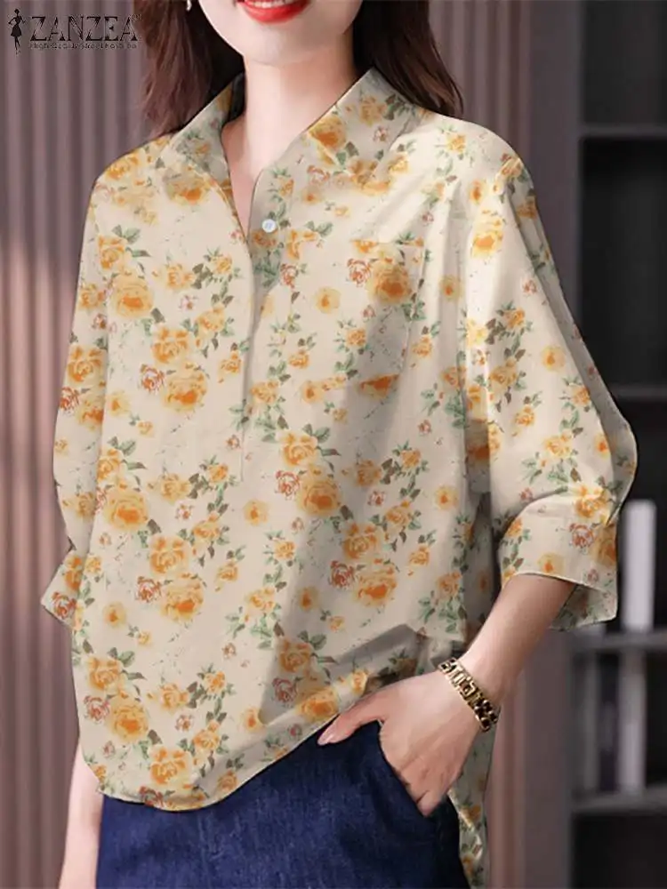 

Women Summer Lapel Neck 3/4 Sleeve Blouse ZANZEA Elegant Office Work Shirt Bohemain Floral Printed Tops Fashion Holiday Blusas