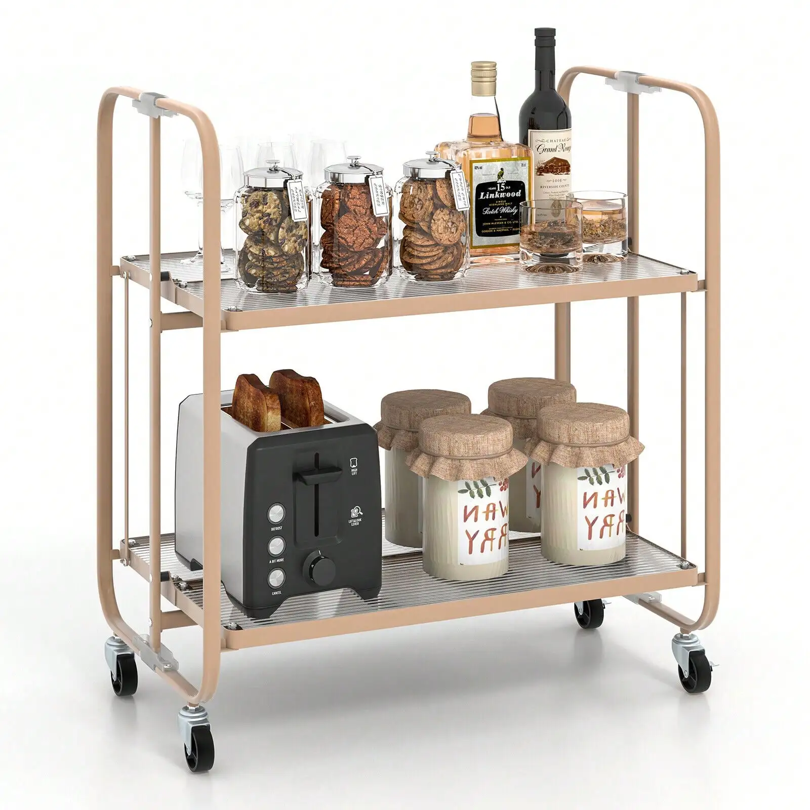 Mobile Tempered Glass Serving Cart 2-tier Foldable Kitchen Bar Cart w/ Handle