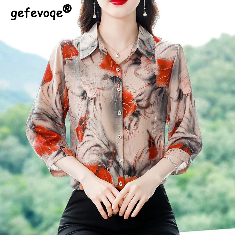 Women\'s Clothing Vintage Floral Print Button Shirt Spring Summer Elegant Fashion Blouse 3/4 Sleeve Loose Tops Office Lady Blusas