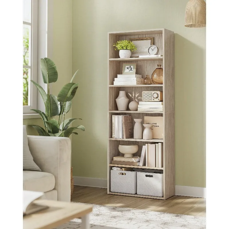 6-Tier Bookcase, Book Shelf Furniture, Open Storage Shelves, Room Decor, For Living Room, Home Office, Dinning Room, 9.4 X 23.6 X 63.3 Inches, Natural Beige
