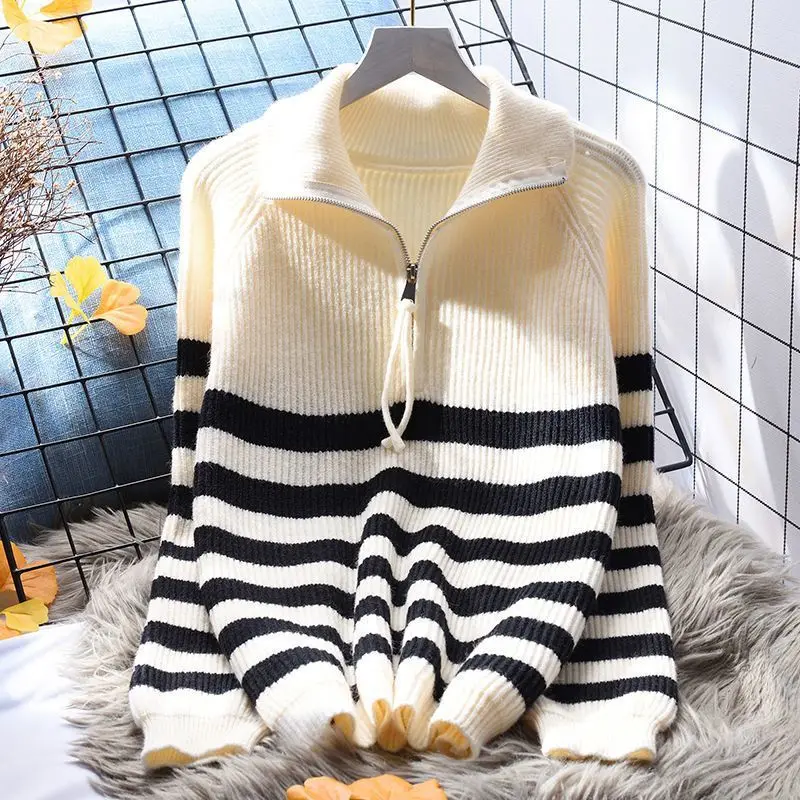 Polo neck zipper stripe pullover sweater for women loose sweater 2023 autumn/winter Japanese knit sweater pullover female top