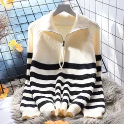 Polo neck zipper stripe pullover sweater for women loose sweater 2023 autumn/winter Japanese knit sweater pullover female top