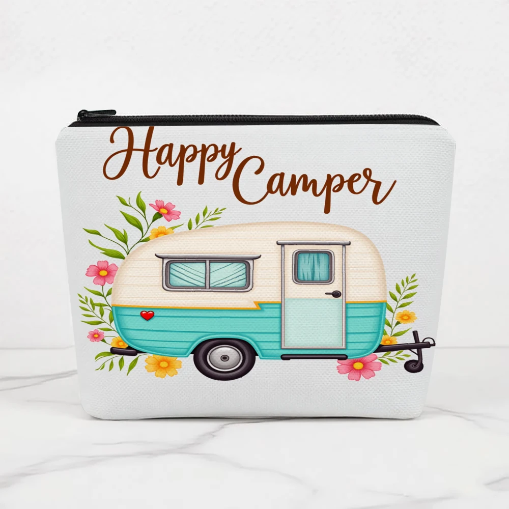 Happy Camper Van Floral Design Makeup Bags for Girls Cosmetic Pouch Toiletry Bag Pencil Case Travel Storage