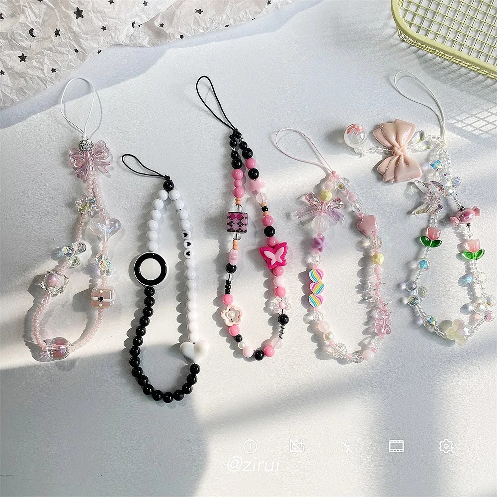 Cute Phone Charms Beaded Strap Cellphone Keychain Bear Butterfly Heart Cool Charm for Bag Keyring Camera Pendants Decor