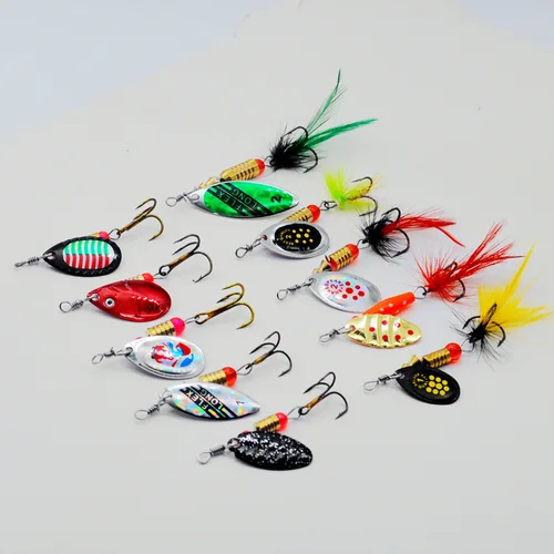 Señuelos de pesca de lentejuelas compuestos, cuchara giratoria de Metal, cebo biónico de 3,5g, manivela manual con caja, herramientas de aparejos de pesca de trucha, 10/30 Uds.