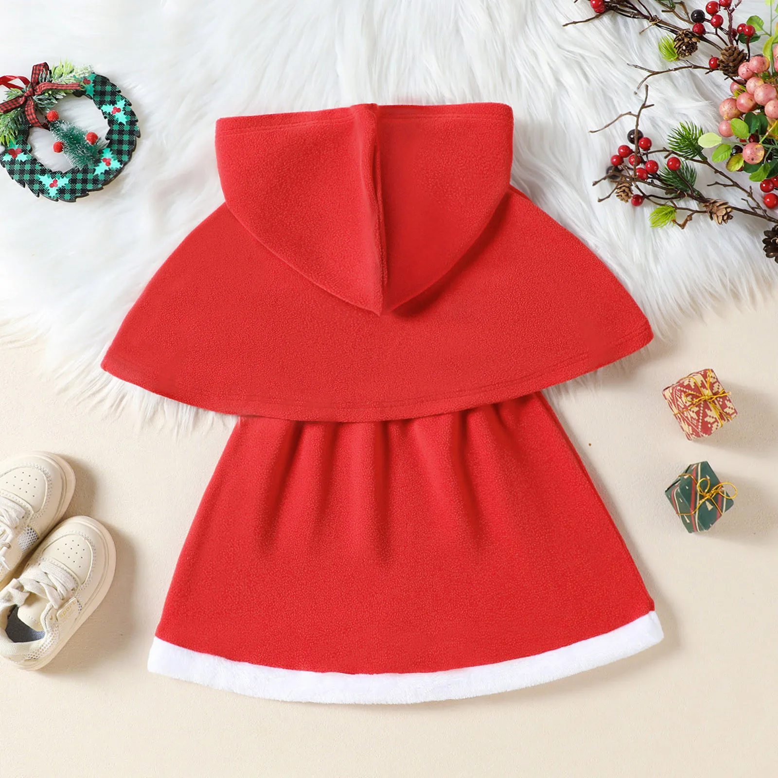 6M,9M,12M,18M,24M Infant Baby Girls Christmas Outfit Sets Christmas Fleece Sleeveless Vest Dress With Hooded Cloak Two Pieces