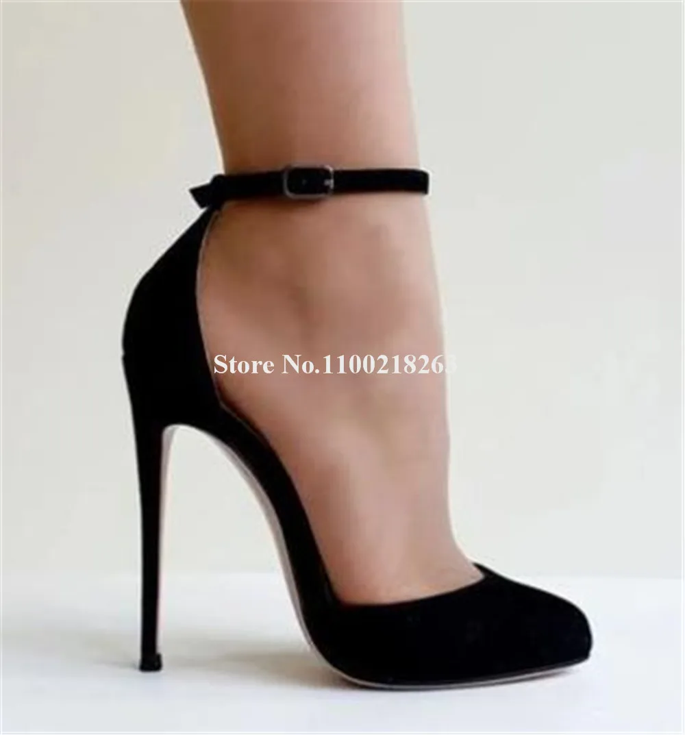 Women Classical Style Stiletto Heel Pumps Elegant Round Toe Black Suede Patent Ankle Strap Thin Heel Dress Shoes Big Size