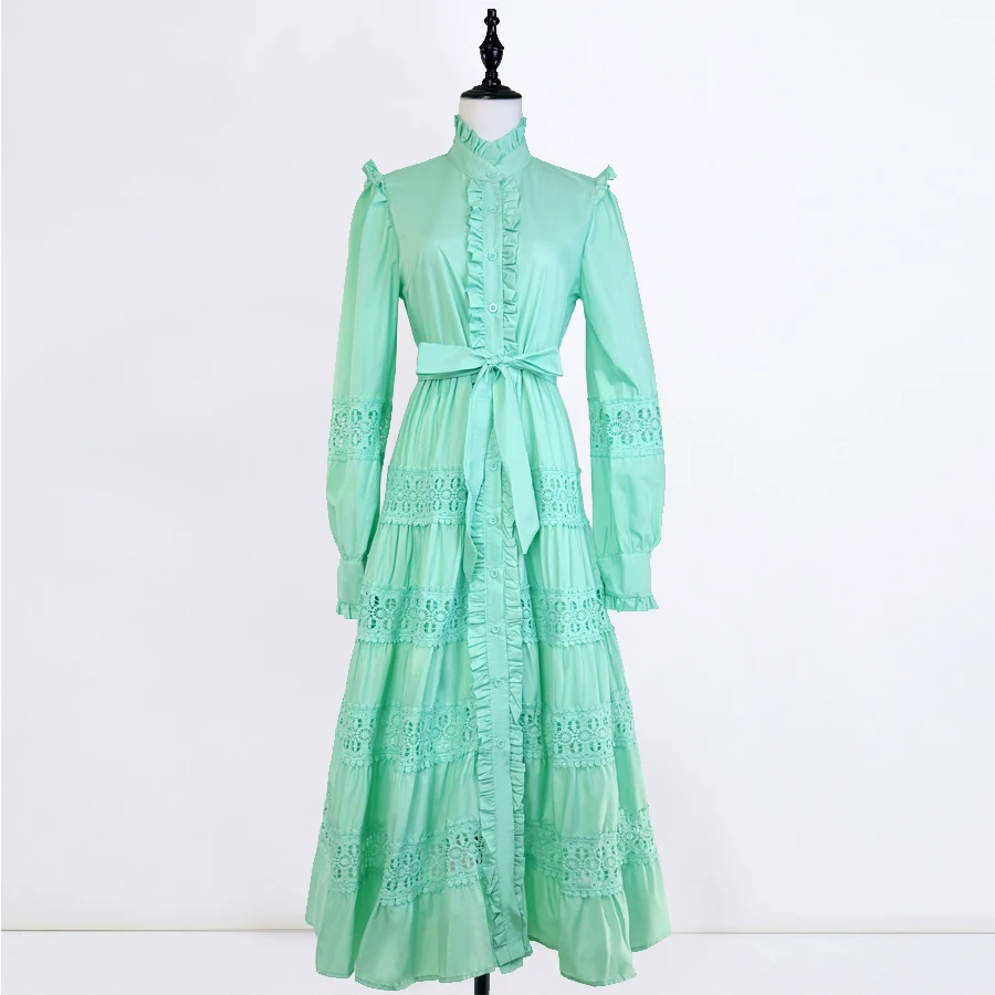 Hohe Qualität Solide Blume aushöhlen Spitze Prom Kleid für Frauen Elegante Stehen Lange Laterne Hülse Spitze Up Casual Vestido Femenino