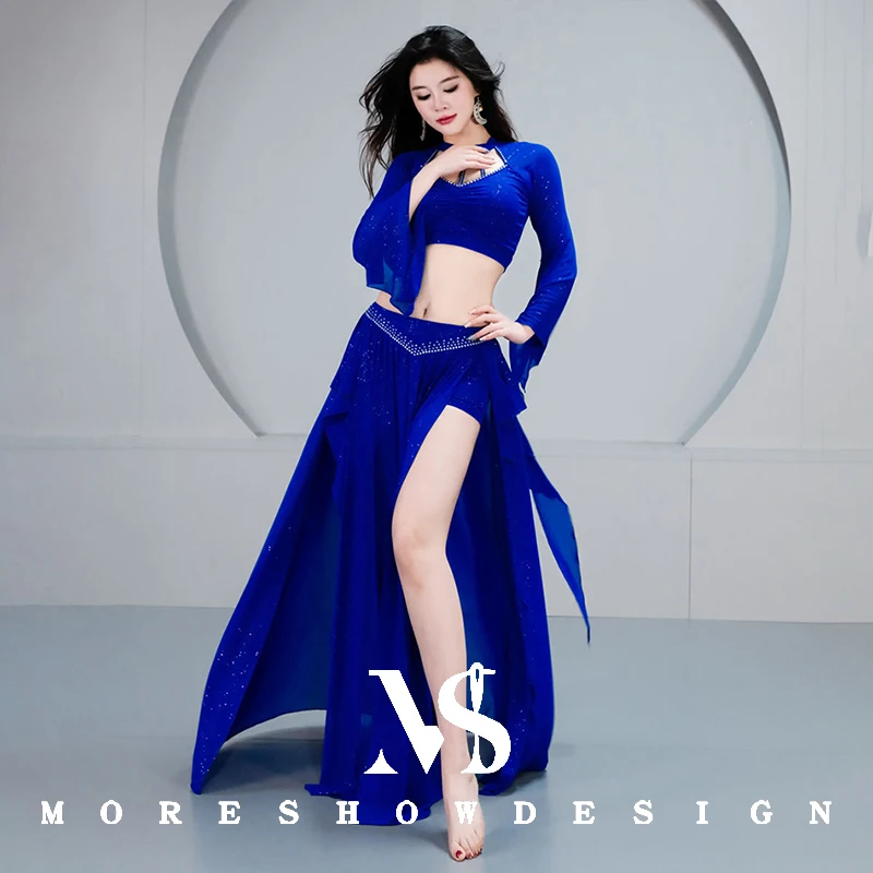 Costumi di danza del ventre Set per donna Abbigliamento da ballo con nastro a foglia di loto Top + gonna Abiti a maniche lunghe Abiti per spettacoli teatrali