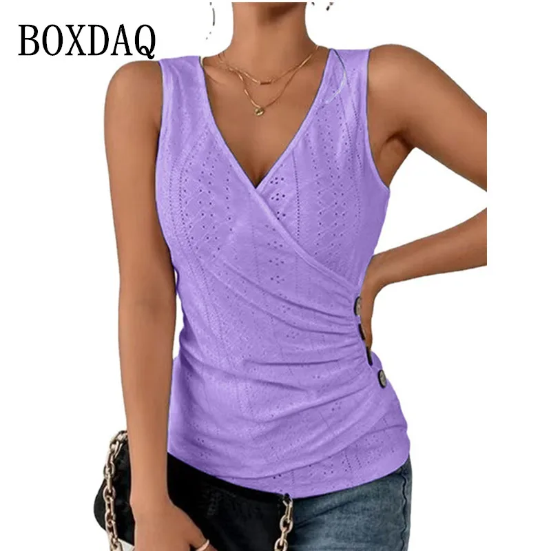 Fashion Women Slim Blouses Vest Summer Sleeveless Solid Color Cross V-Neck Button Shirts Female Casual Pullover Ladies Tank Tops